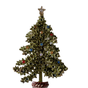 VINTAGE ART GREEN DECO CHRISTMAS TREE BROOCH WITH RHINESTONES 1 1/4” x 2”